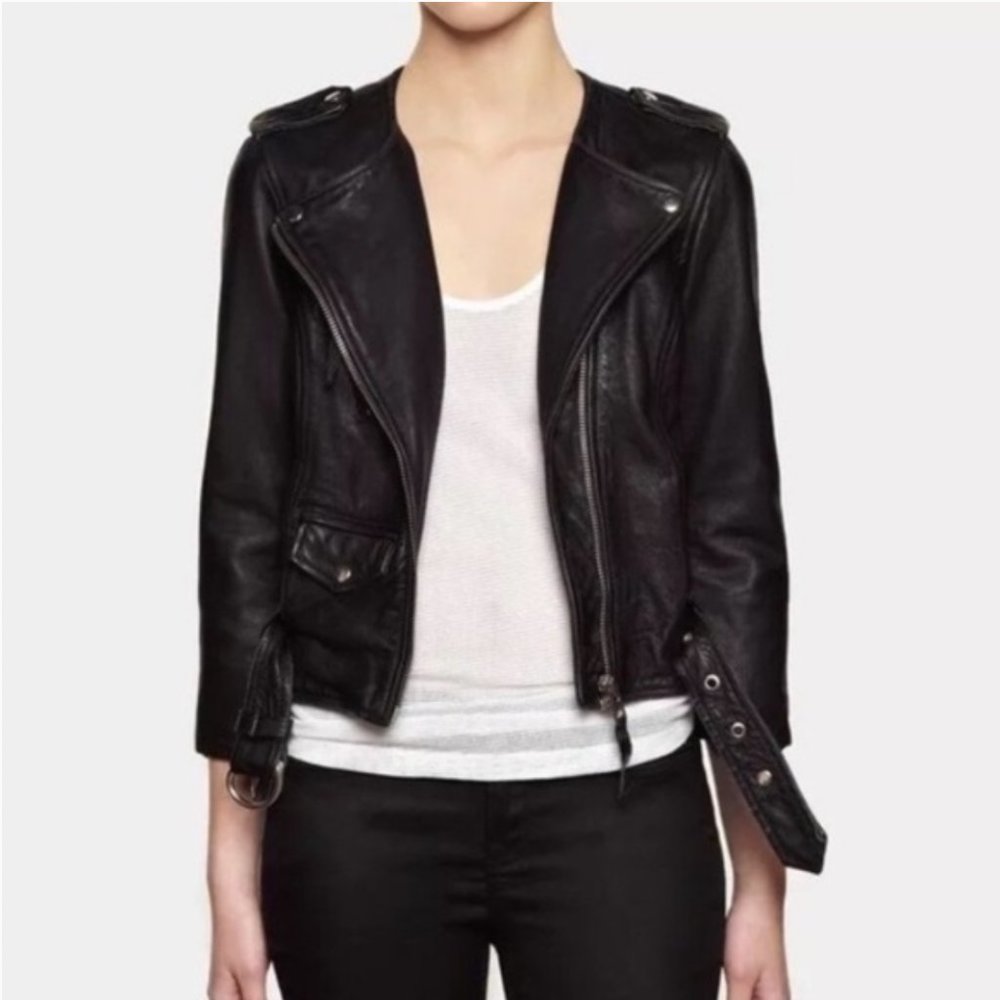 All Saints Leather Cropped Riley Biker Jacket Black 8
